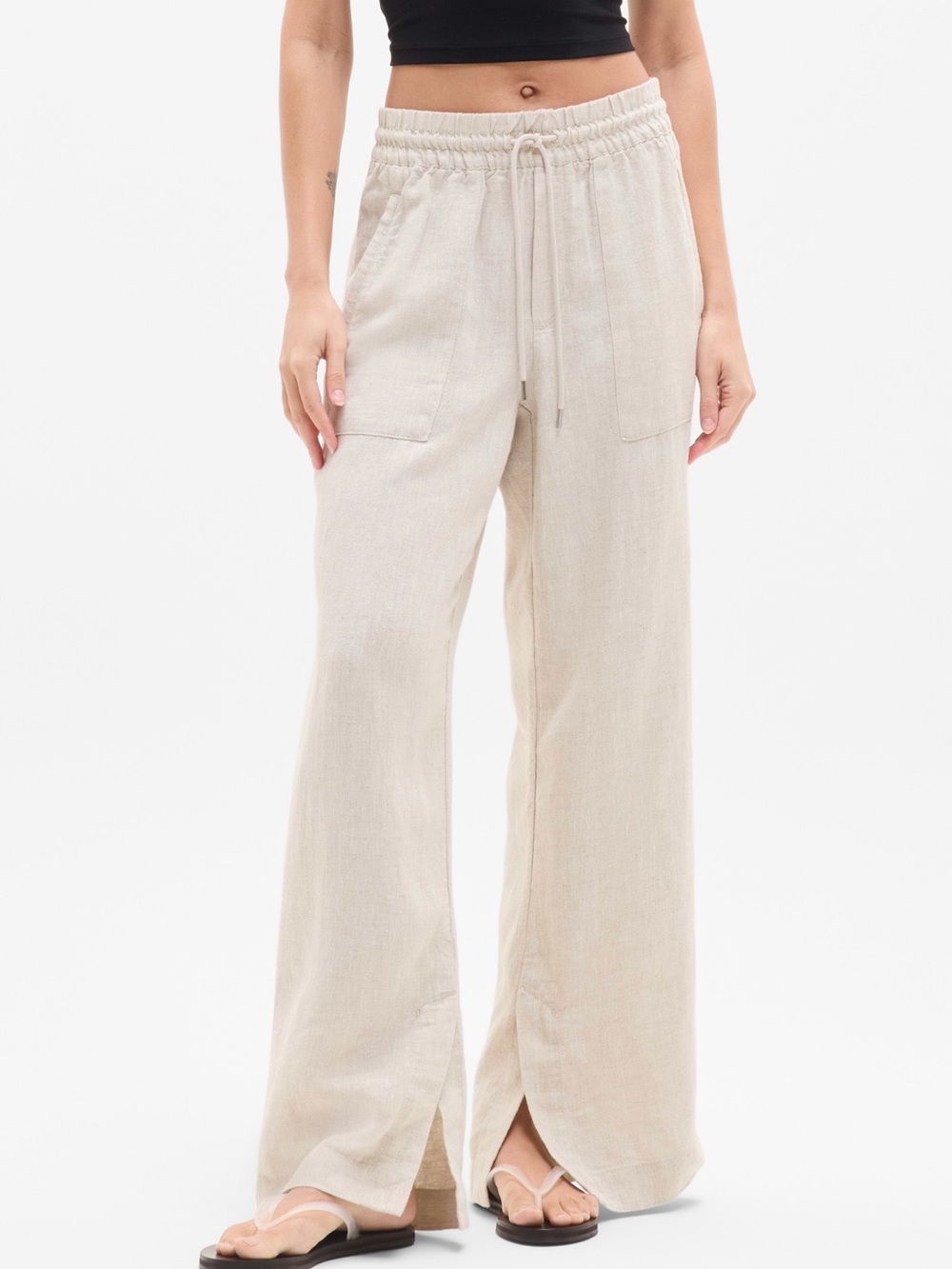 Athleta Neutral Cream Wide-Leg Drawstring Linen Pants